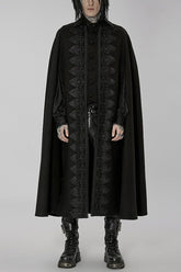 Black Punk Stand Collar Front Lacework Decorate Side Slit Long Men's Cloak